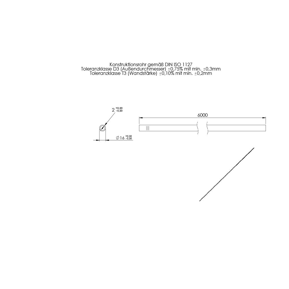 Rohr ø 16,0 x 2,0mm, Länge: 6000mm, aus V2A Edelstahl geschliffen