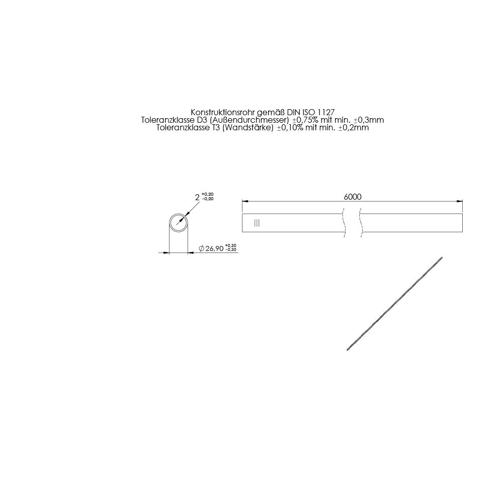Rohr ø 26,9 x 2,0mm, Länge: 6000mm, aus V2A Edelstahl geschliffen