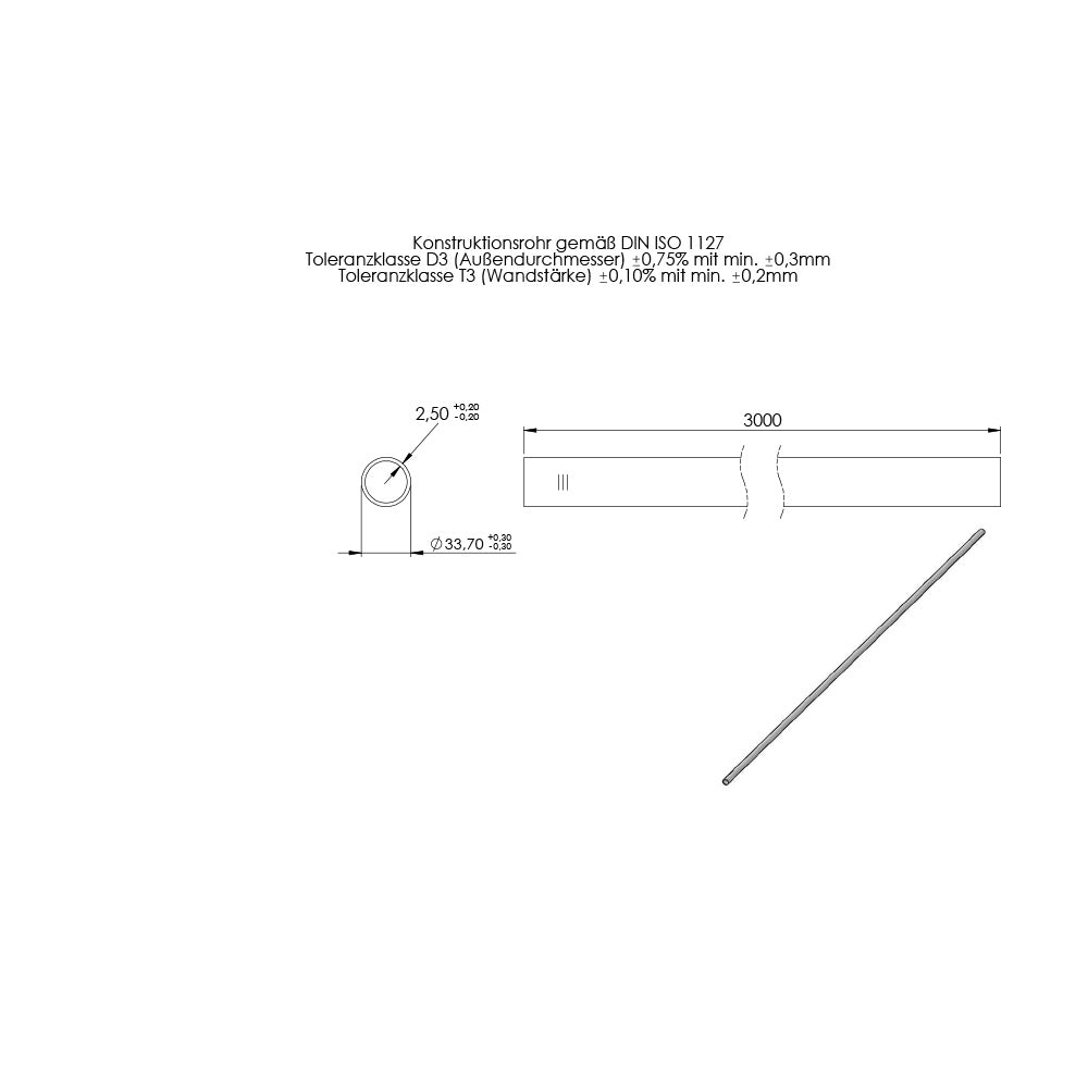 Rohr ø 33,7 x 2,5mm, Länge: 3000mm, aus V2A Edelstahl geschliffen