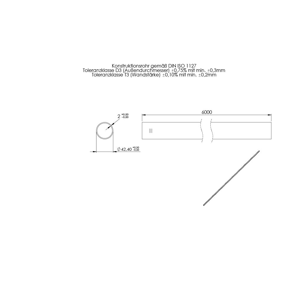 Rohr ø 42,4 x 2,0mm, Länge: 6000mm, aus V2A Edelstahl geschliffen