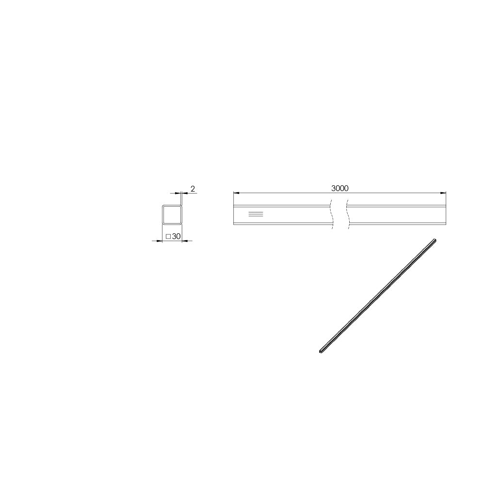 Quadrat-Rohr 30 x 30 x 2mm, Länge: 3000mm, aus V2A Edelstahl geschliffen