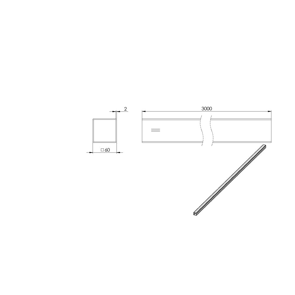 Quadrat-Rohr 60 x 60 x 2mm, Länge: 3000mm, aus V2A Edelstahl geschliffen