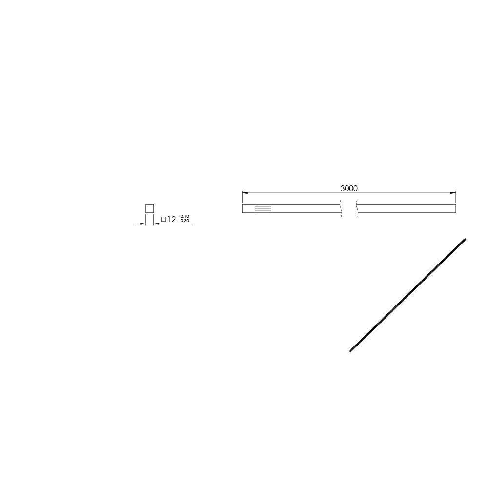 Vierkant-Stab 12 x 12mm, Länge: 3000mm, aus V2A Edelstahl geschliffen