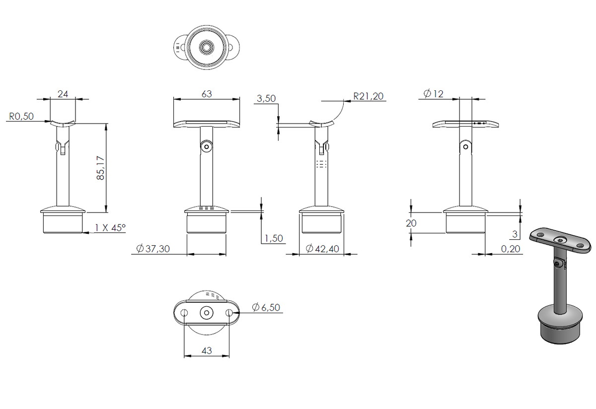 Handlaufstütze ø 12mm, verschraubt variabel zur Pfostenbefestigung, für ø 42,4 x 2,5mm Pfosten an Rohr ø 42,4mm