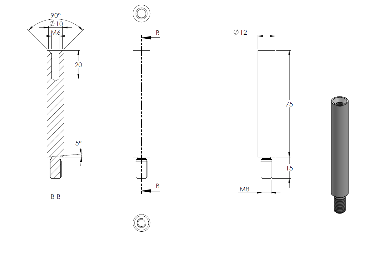 Handlaufstütze ø 12mm, verschraubt 90° zur Pfostenbefestigung, für ø 42,4 x 2,0mm Pfosten an Rohr ø 42,4mm