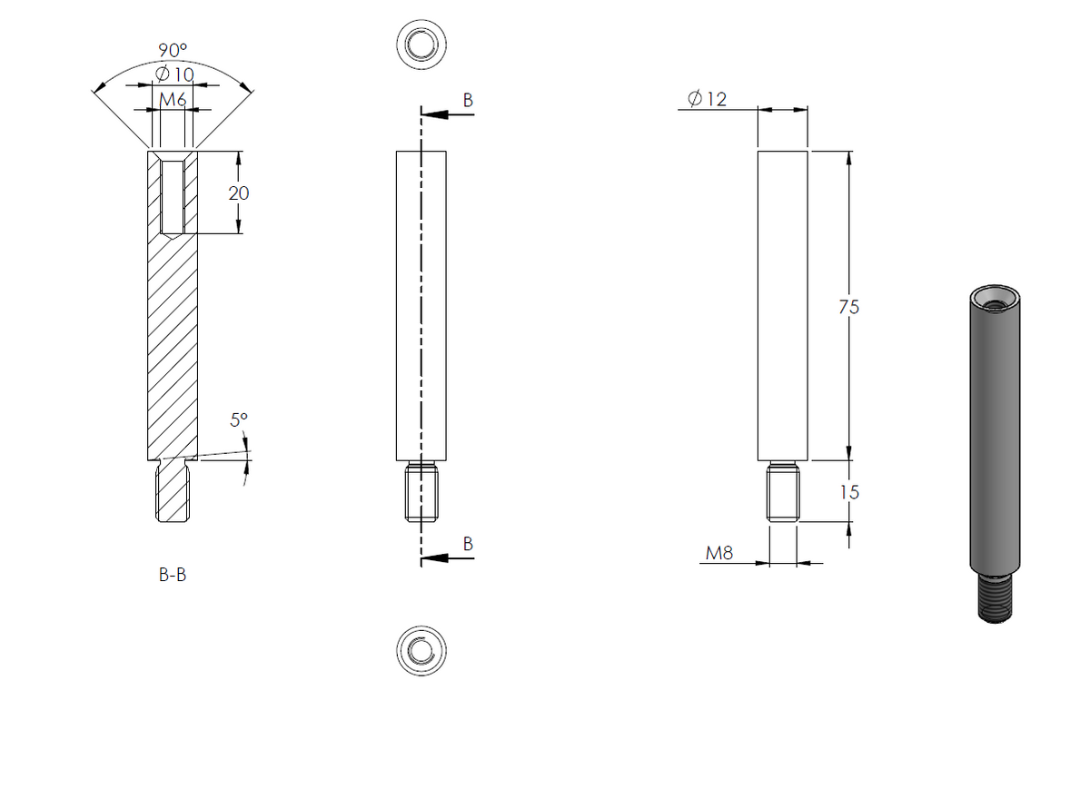 Handlaufstütze ø 12mm, verschraubt 90° zur Pfostenbefestigung, für ø 42,4 x 2,5mm Pfosten an Rohr ø 42,4mm