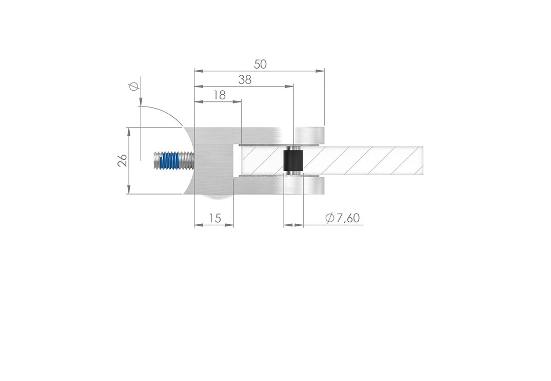 Glasklemme Modell 30, flacher Anschluss, für Glasstärke 1,5 - 10,76mm