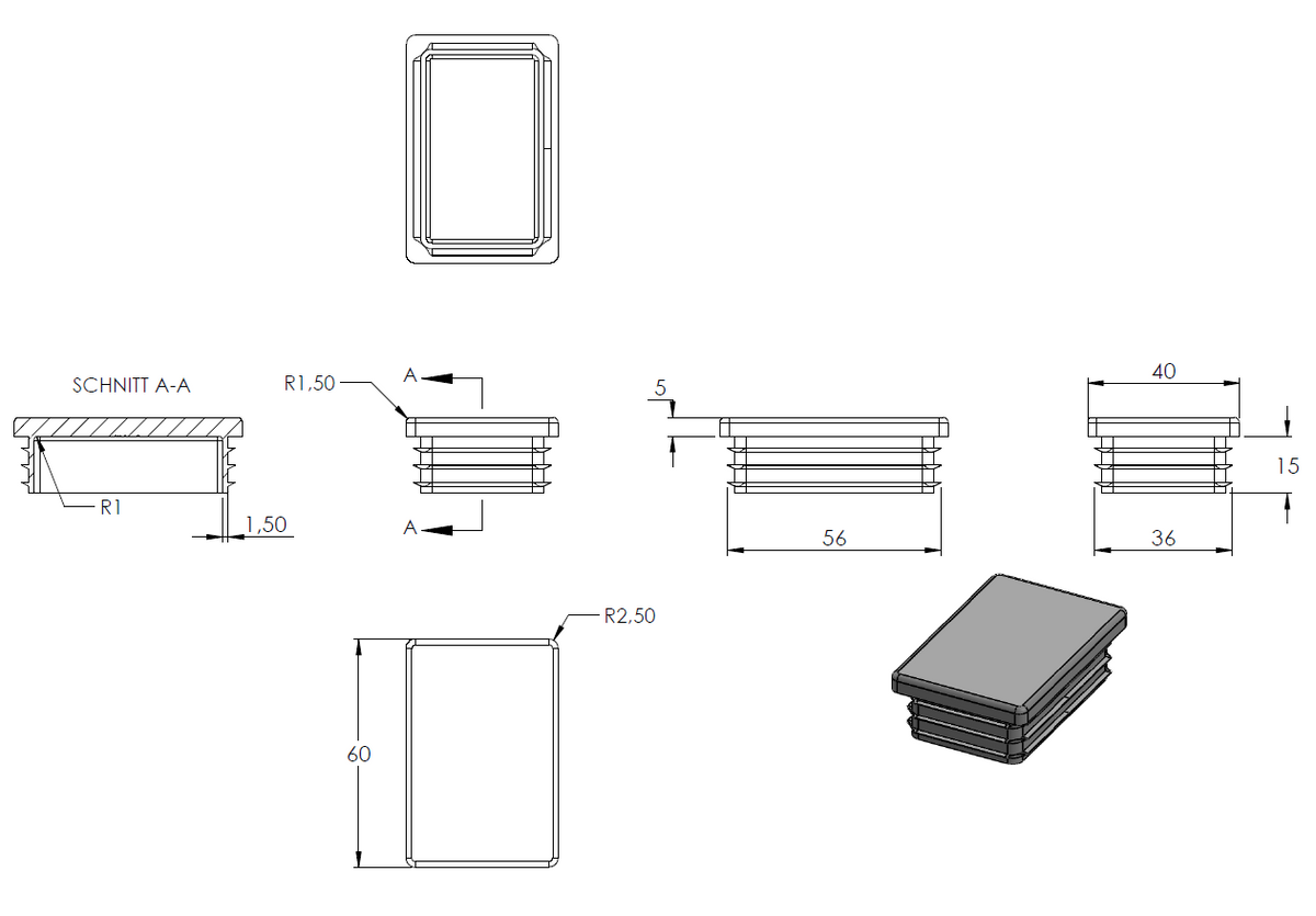 Kunststoff Einsteckkappe für Rechteckrohre 60 x 40mm mit Wandstärke 3,0mm, in Grau