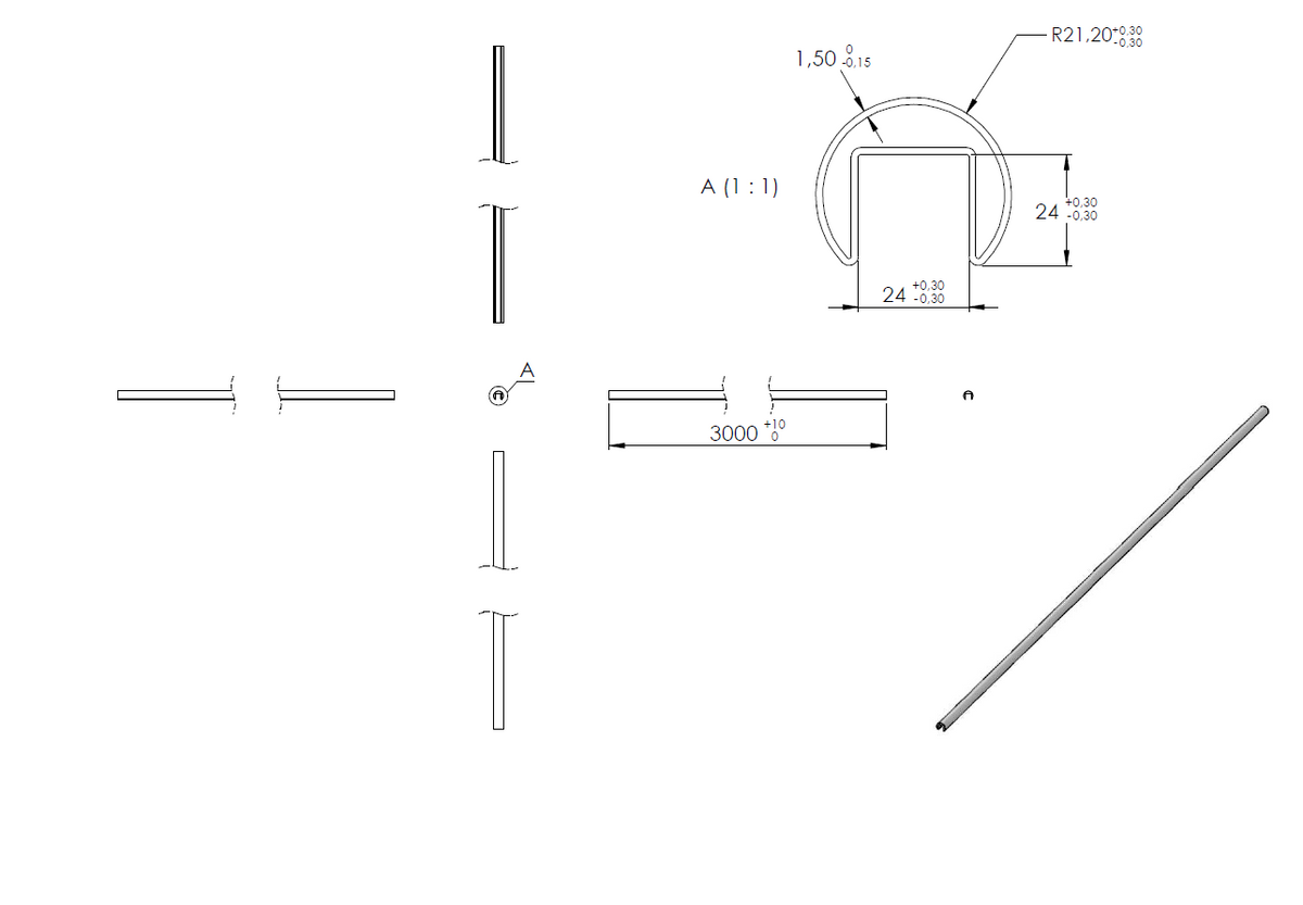 Glasleistenrohr, ø 42,4mm x 1,5mm, LL=3m, V2A
