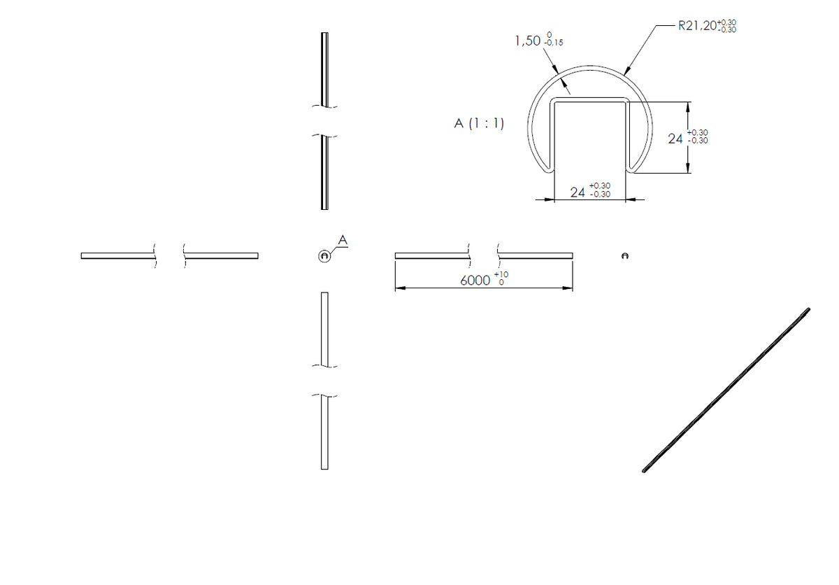 Glasleistenrohr, ø 42,4mm x 1,5mm, LL=6m, V4A