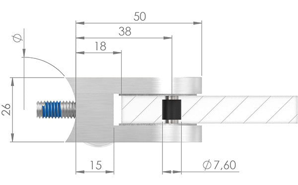 Glasklemme Modell 32, Anschluss für ø 33,7mm Rohr, für Glasstärke 1,5 - 10,76mm