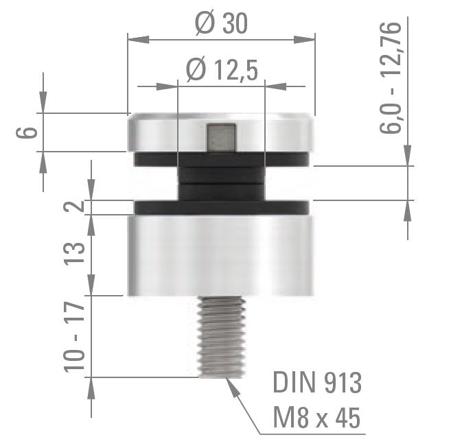 Glas-Punkthalter ø 30mm für Glas 6,0-12,76mm, Anschluss ø 33,7mm