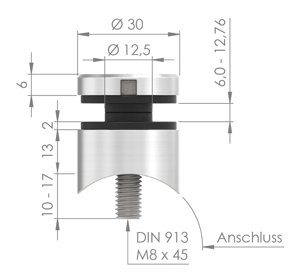 Glas-Punkthalter ø 30mm für Glas 6,0-12,76mm, Anschluss ø 42,4mm, V4A