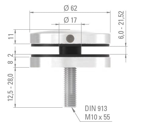 Glas-Punkthalter ø 62mm für Glas 6,0-21,52mm, flacher Anschluss, mit AbP