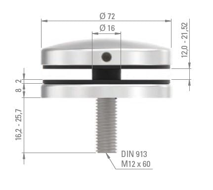 Glas-Punkthalter ø 72mm für Glas 12,0-21,52mm, flacher Anschluss, mit AbP