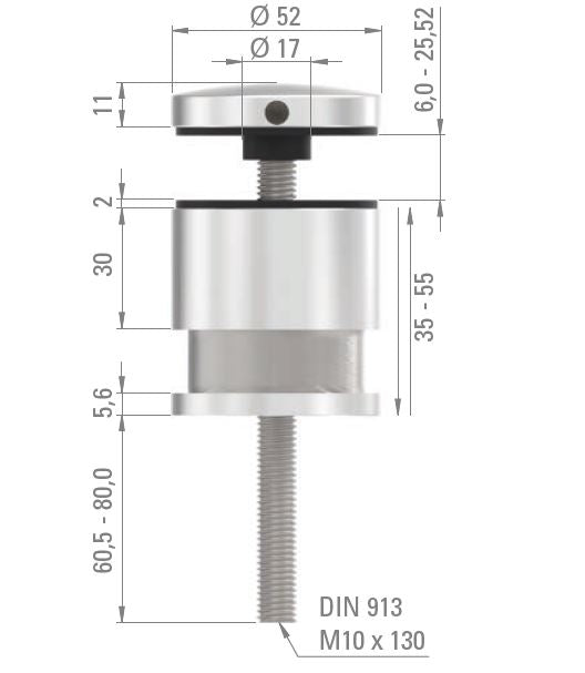 Glas-Punkthalter ø 52mm mit verstellbarem Wandabstand, für Glasstärken 6,0-25,52mm, flacher Anschluss, mit AbP