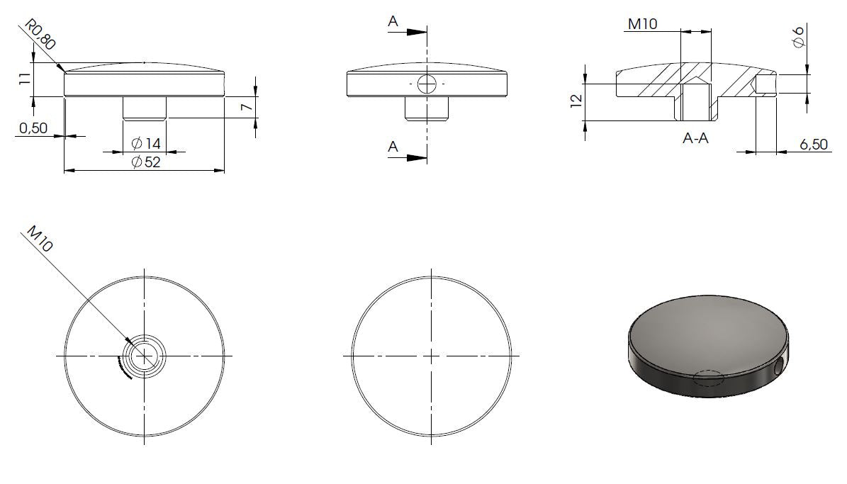 Glas-Punkthalter 52mm, Oberteil, für Glas 6,0-21,52mm, V2A