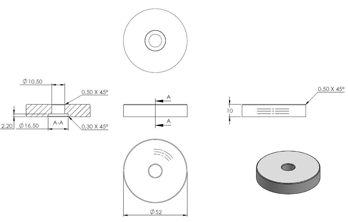 Glas-Punkthalter 52mm, Unterteil, Höhe 10mm