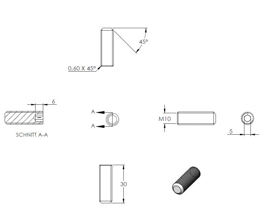 Gewindestift, M10 x 30mm, mit Innensechskant, aus V2A Edelstahl