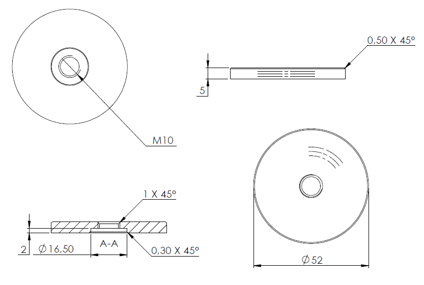 Glas-Punkthalter ø 52mm, Unterteil, Höhe 5mm, mit Innengewinde M10