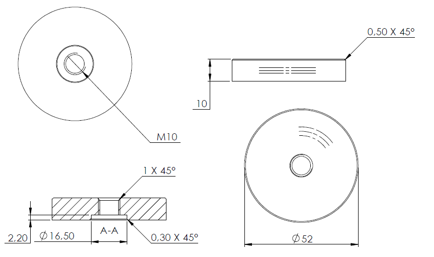 Glas-Punkthalter ø 52mm, Unterteil, Höhe 10mm, mit Innengewinde M10
