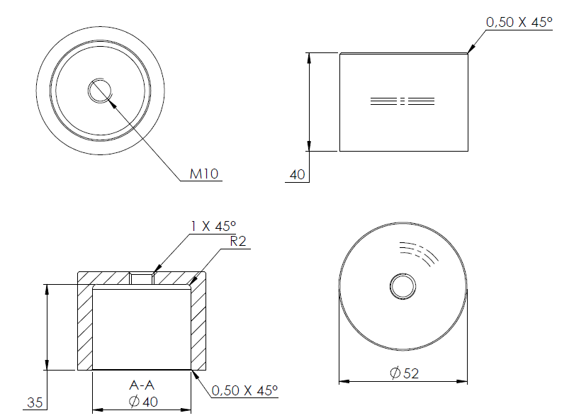 Glas-Punkthalter ø 52mm, Unterteil, Höhe 40mm, mit Innengewinde M10