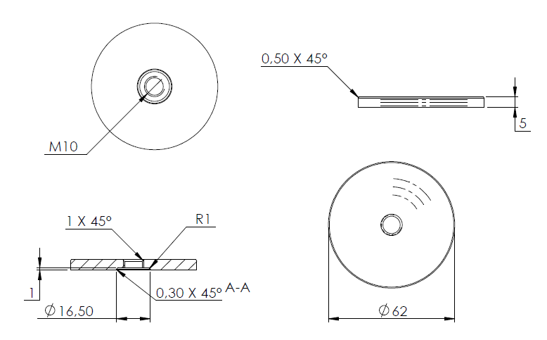 Glas-Punkthalter ø 62mm, Unterteil, Höhe 5mm, mit Innengewinde M10