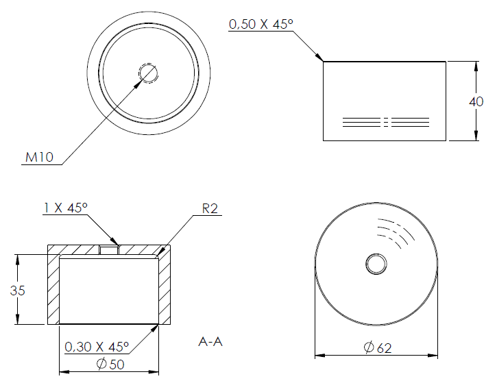 Glas-Punkthalter ø 62mm, Unterteil, Höhe 40mm, mit Innengewinde M10