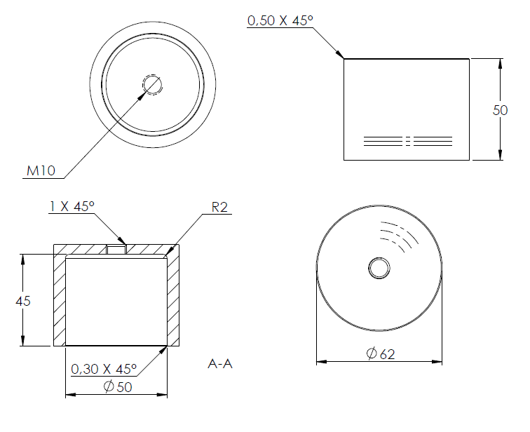 Glas-Punkthalter ø 62mm, Unterteil, Höhe 50mm, mit Innengewinde M10