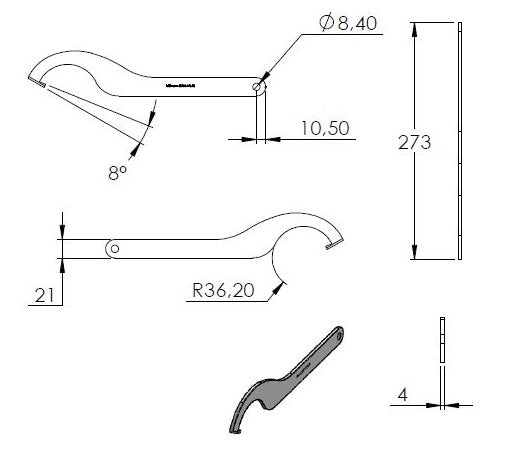 Hakenschlüssel für Glas-Punkthalter ø 72mm, aus V2A Edelstahl