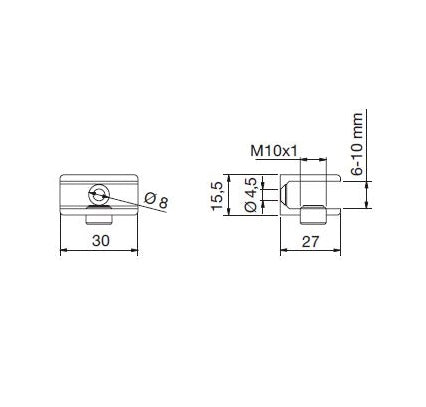 Glashalter eckig, 30 x 27mm, für 6-10 mm Glas, Zink glanzverchromt