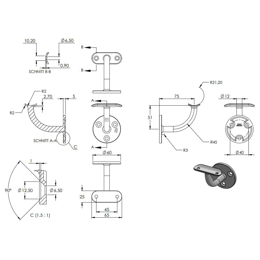 Handlaufhalter zur Wandbefestigung mit verschweißter Ronde 60 x 5mm, für Rohr ø 42,4mm, in V4A
