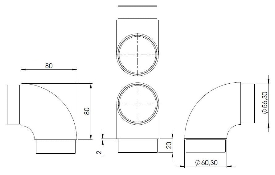 Rohrbogen 90° rund, für Rohr 60,3 x 2,0mm