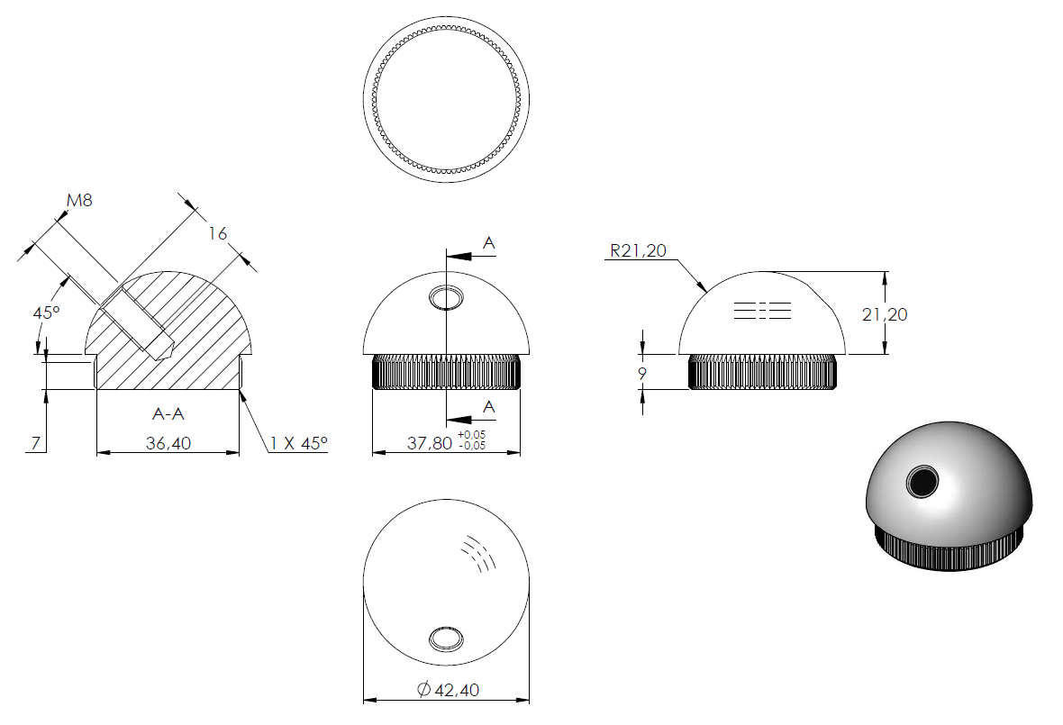 Endkappe halbrund mit 45° versetztem M8 Gewinde, massiv, für Rohr ø 42,4 x 2,5mm, zum Einschlagen