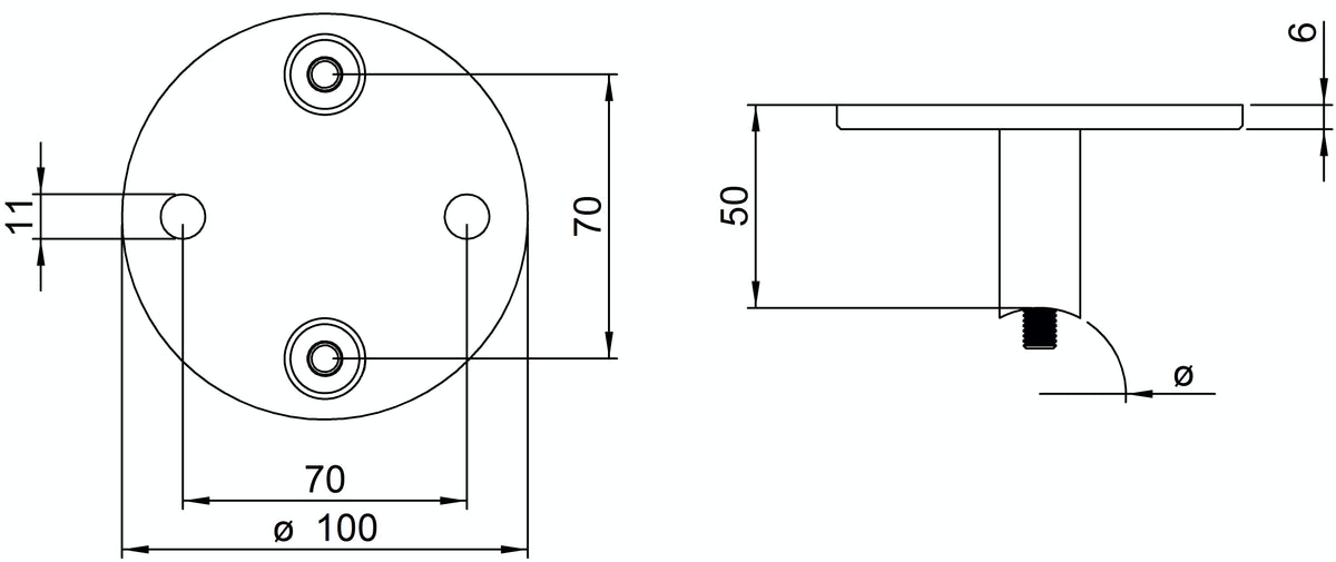Wandanker mit M8 x 70 Schrauben für Geländerpfosten, Platte 100 x 6mm, für 42,4mm Rohr, in V4A