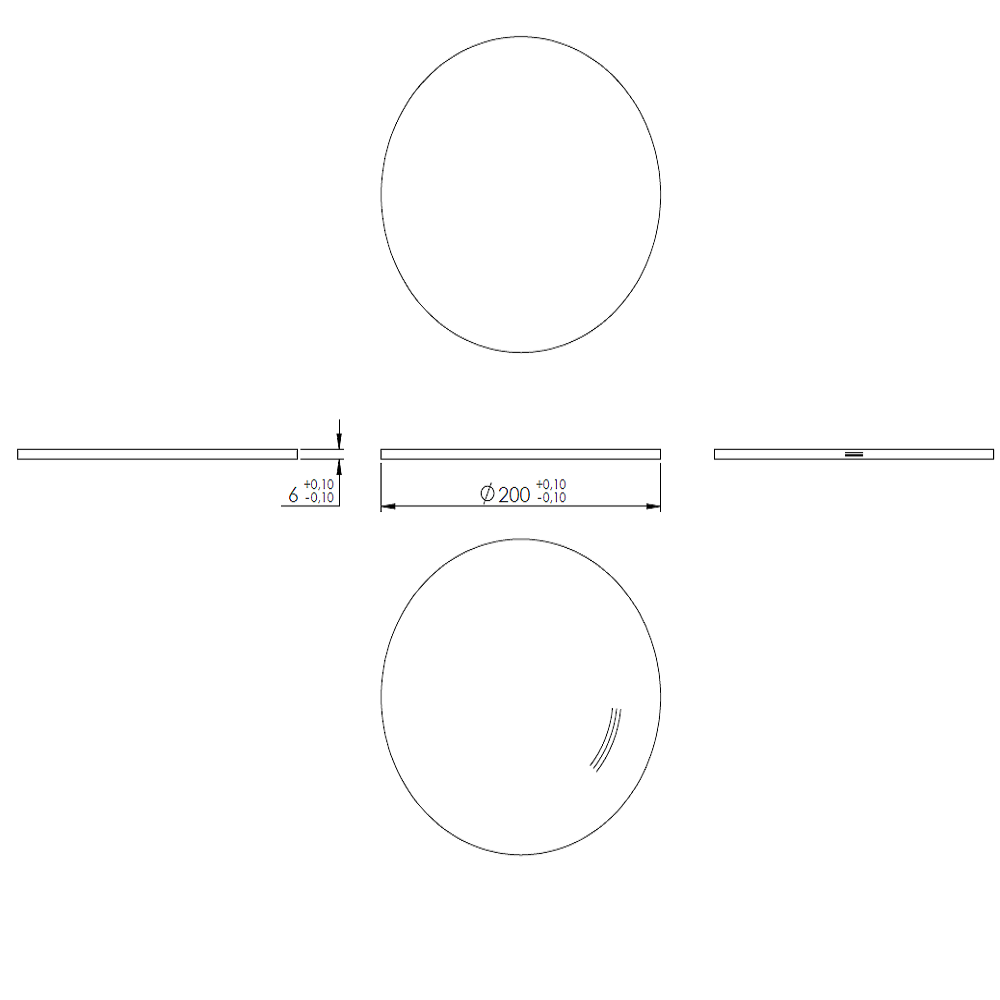 Ronde ø 200mm, Stärke 6mm, einseitig geschliffen, mit Rundschliff