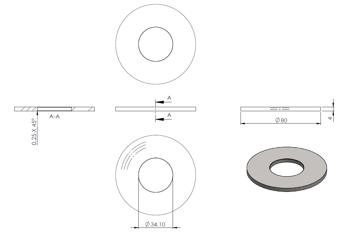 Ronde ø 80mm, Stärke 4mm, mit ø 34mm Mittelbohrung, einseitig und Rand geschliffen, mit Rundschliff