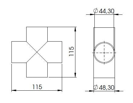 Kreuzstück zum Anschweißen, für Rohr ø 48,3mm, Wandstärke 2,0mm, geschliffen