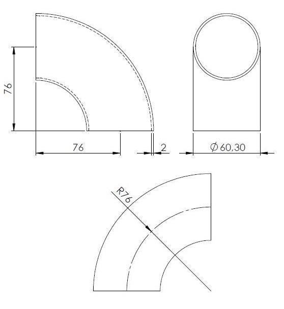 90° Bogen zum Anschweißen, für Rohr ø 60,3mm, Wandstärke 2,0mm, geschliffen