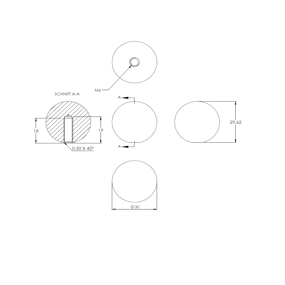 Messingkugel aus V2A Edelstahl massiv, Messing beschichtet, ø 30mm, mit M6 Gewinde