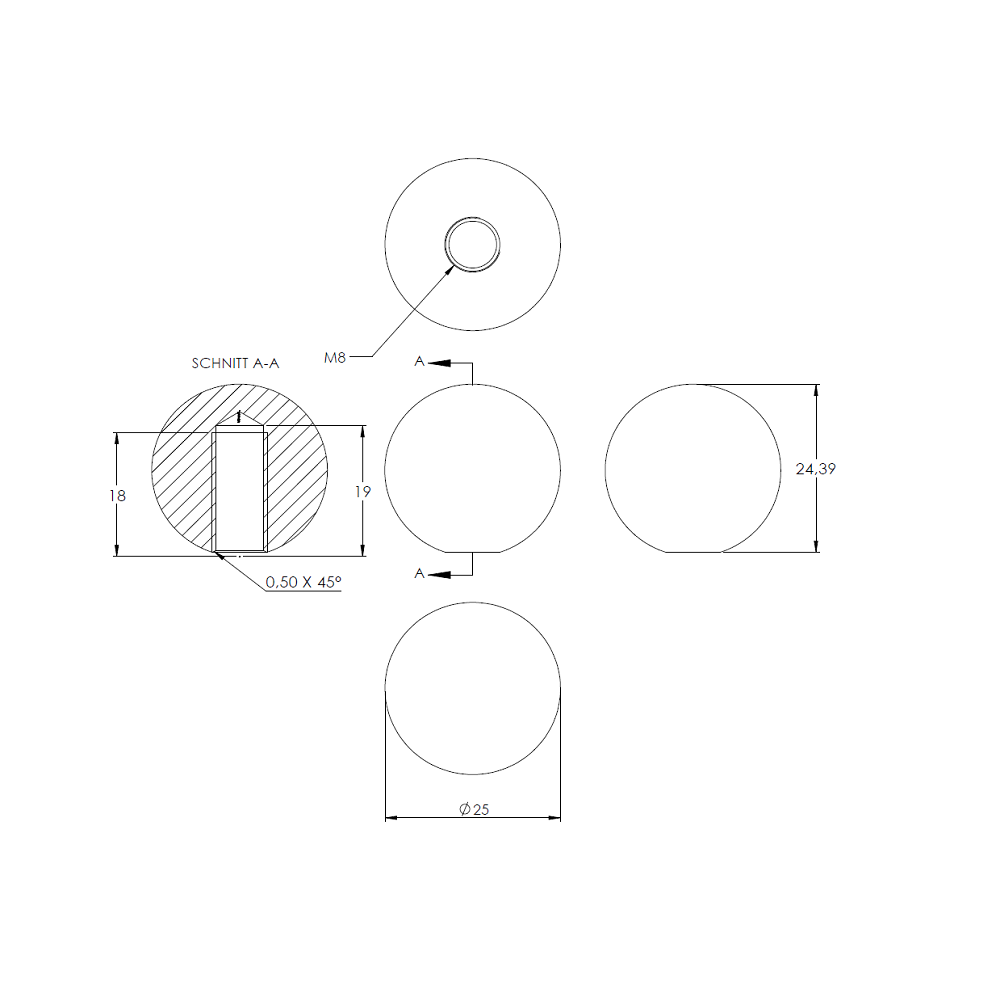 Messingkugel aus V2A Edelstahl massiv, Messing beschichtet, ø 25mm, mit M8 Gewinde
