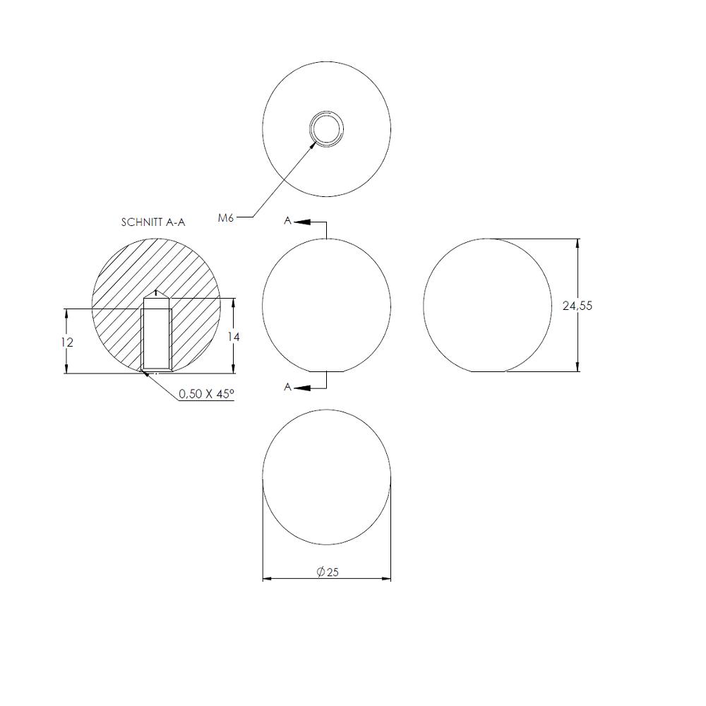 Messingkugel aus V2A Edelstahl massiv, Messing beschichtet, ø 25mm, mit M6 Gewinde