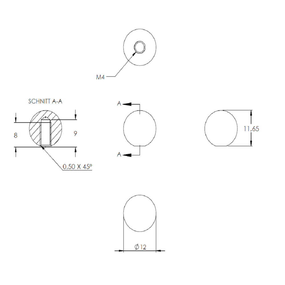 Messingkugel aus V2A Edelstahl massiv, Messing beschichtet, ø 12mm, mit M4 Gewinde