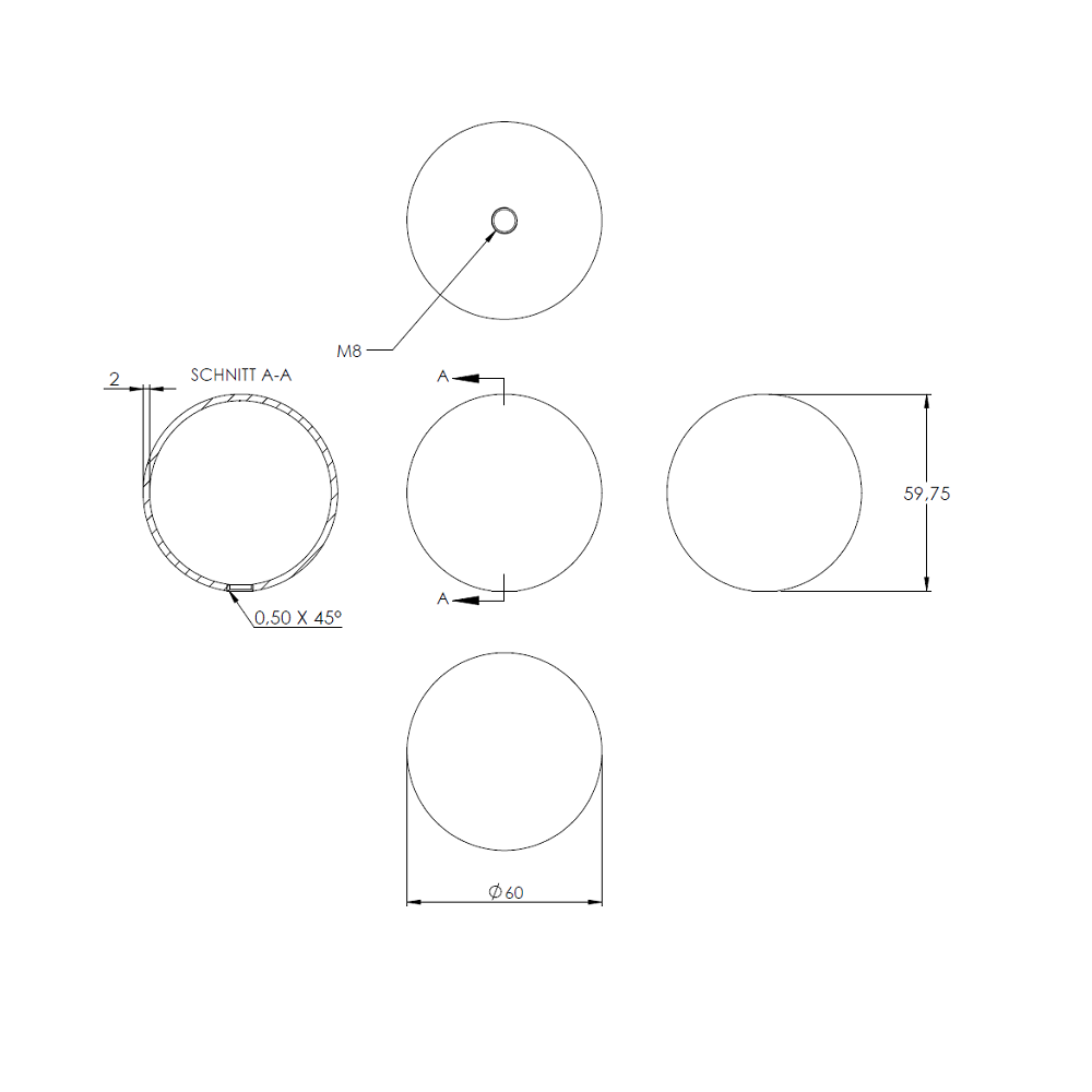 Messingkugel hohl ø 60mm, aus V2A Edelstahl, mit Messing Beschichtung, mit M8 Gewinde