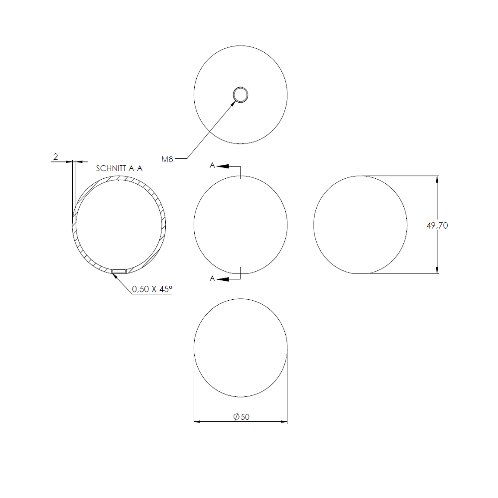 Messingkugel hohl ø 50mm, aus V2A Edelstahl, mit Messing Beschichtung, mit M8 Gewinde
