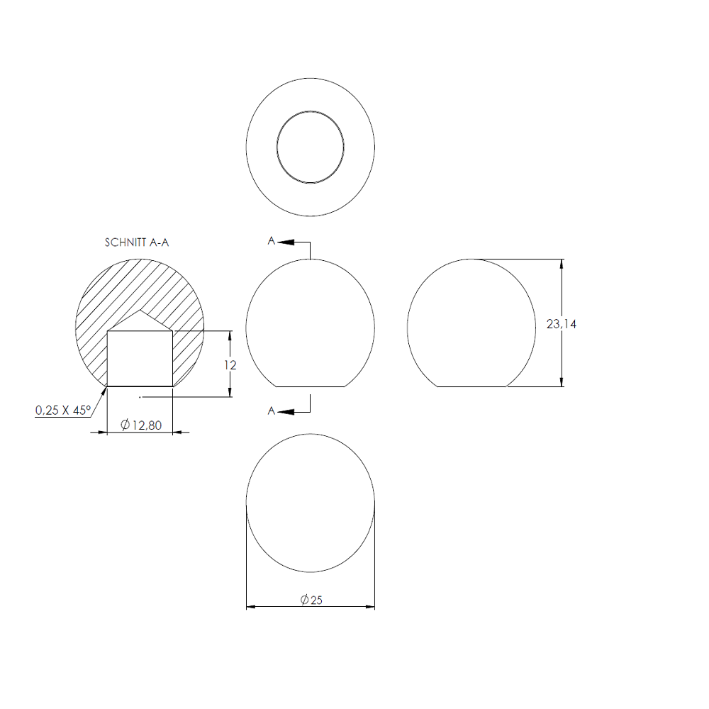 Messingkugel massiv ø 25mm, aus V2A Edelstahl, mit Messing Beschichtung, mit 12,8mm Sackloch