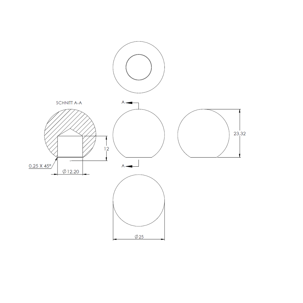 Messingkugel massiv ø 25mm, aus V2A Edelstahl, mit Messing Beschichtung, mit 12,2mm Sackloch