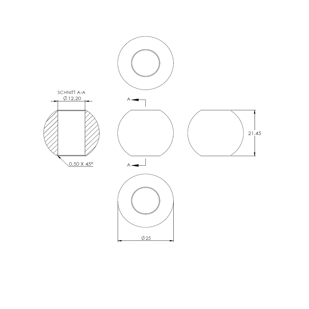 Messingkugel massiv ø 25mm, aus V2A Edelstahl, mit Messing Beschichtung, mit 12,2mm Durchgangsbohrung