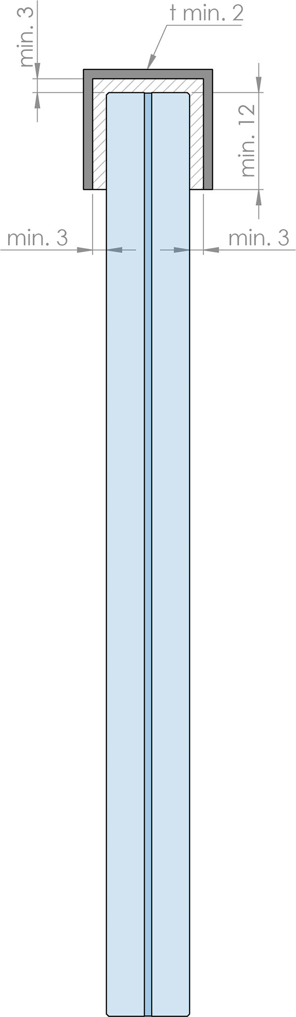 Edelstahl-Kantenschutzprofil, 28 x 20 x 2mm, V2A für Glasstärke 16-17,52mm, Länge 3000mm