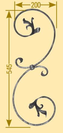 Meisterbarock S-Schnörkel 16x8mm; gehämmert; mit Blatt; Höhe 545mm; Breite 200mm; rechts
